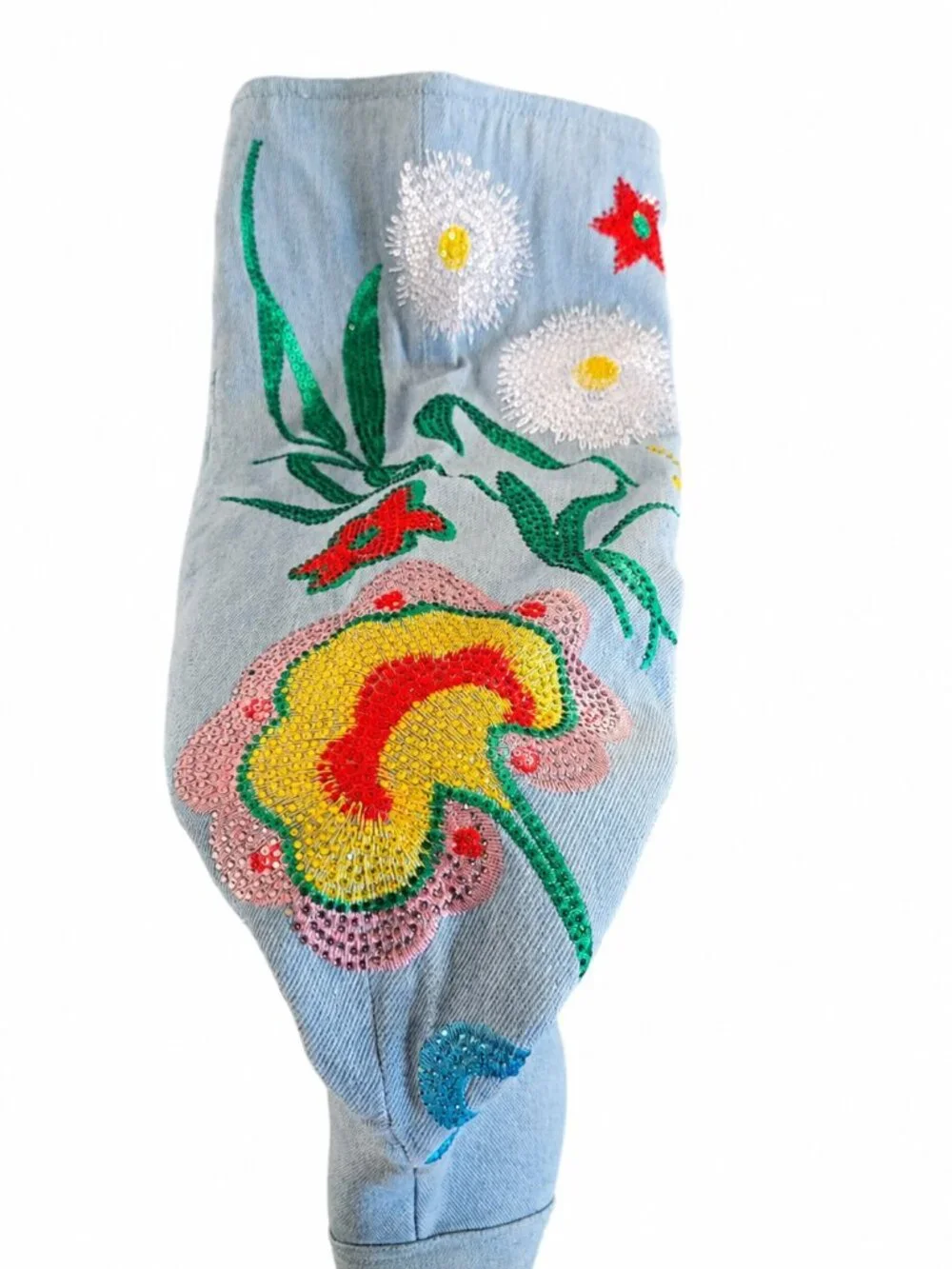Azalea Wang Izara Denim Embroidered OTK Western Boots Size 11 Rhinestone